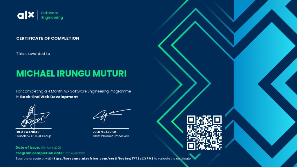 ALX Back-End Web Development certificate