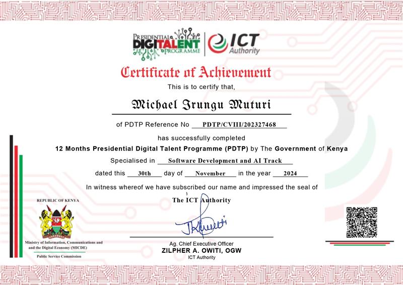 ICT Authority Presidential Digital Talent Programme certificate